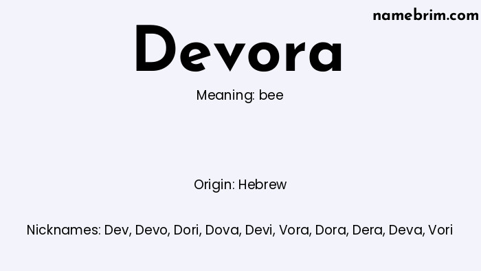 Infographic of Devora name meaning, which is a name of Hebrew origin, Devora means bee, and Dev is a nickname for Devora.