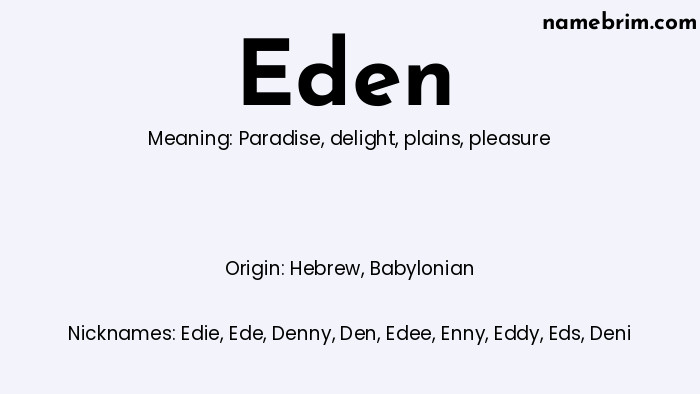 Infographic of Eden name meaning, which is a name of Hebrew origin, Eden means paradise, and Edie is a nickname for Eden.