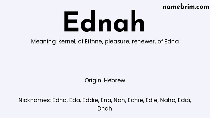 Infographic of Ednah name meaning, which is a name of Hebrew origin, Ednah means of Edna, and Edna is a nickname for Ednah.