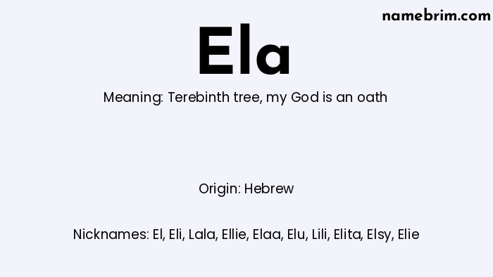 Infographic of Ela name meaning, which is a name of Hebrew origin, Ela means terebinth tree, and El is a nickname for Ela.