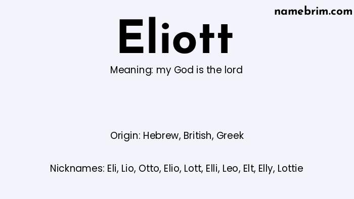 Infographic of Eliott name meaning, which is a name of Hebrew origin, Eliott means my God is the lord, and Eli is a nickname for Eliott.