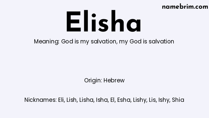 Infographic of Elisha name meaning, which is a name of Hebrew origin, Elisha means God is my salvation, and Eli is a nickname for Elisha.