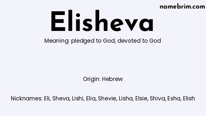 Infographic of Elisheva name meaning, which is a name of Hebrew origin, Elisheva means devoted to God, and Eli is a nickname for Elisheva.