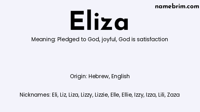 Infographic of Eliza name meaning, which is a name of Hebrew origin, Eliza means pledged to God, and Eli is a nickname for Eliza.