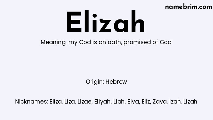 Infographic of Elizah name meaning, which is a name of Hebrew origin, Elizah means promised of God, and Eliza is a nickname for Elizah.