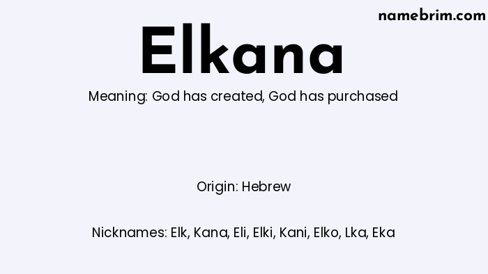 Infographic of Elkana name meaning, which is a name of Hebrew origin, Elkana means God has created, and Elk is a nickname for Elkana.