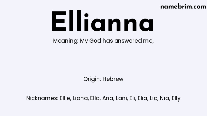 Infographic of Ellianna name meaning, which is a name of Hebrew origin, Ellianna means my God has answered me, and Ellie is a nickname for Ellianna.