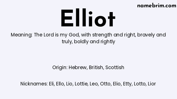 Infographic of Elliot name meaning, which is a name of Hebrew origin, Elliot means The Lord is my God, and Eli is a nickname for Elliot.