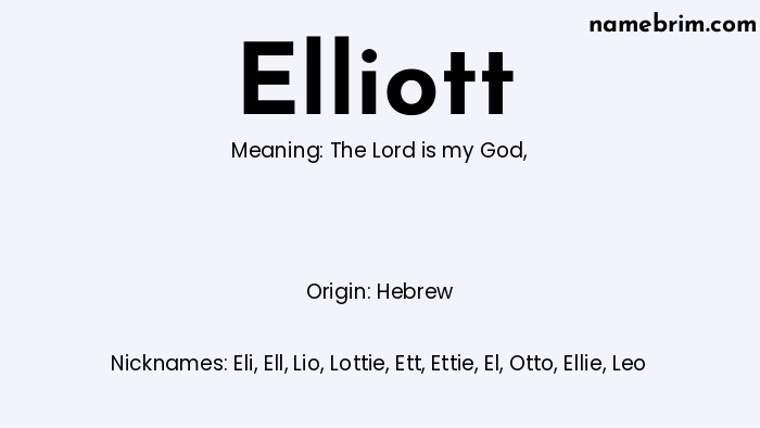 Infographic of Elliott name meaning, which is a name of Hebrew origin, Elliott means the Lord is my God, and Eli is a nickname for Elliott.