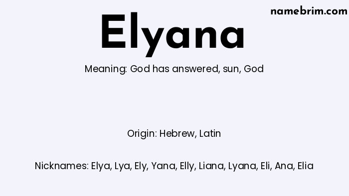 Infographic of Elyana name meaning, which is a name of Hebrew origin, Elyana means God has answered, and Elya is a nickname for Elyana.