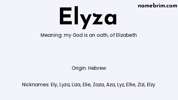 Infographic of Elyza name meaning, which is a name of Hebrew origin, Elyza means of Elizabeth, and Ely is a nickname for Elyza.