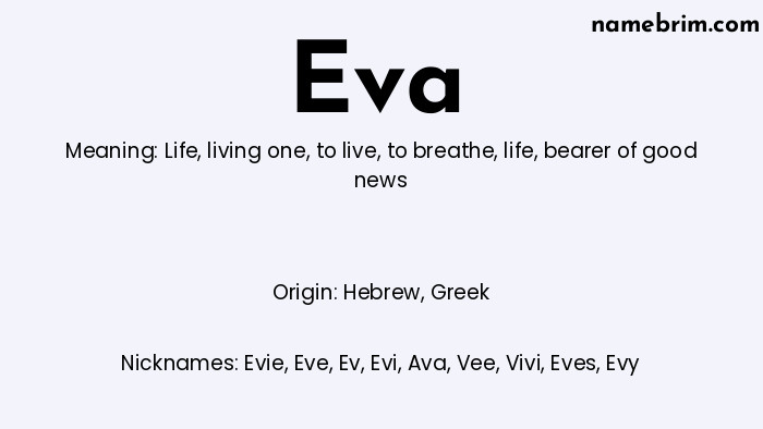 Infographic of Eva name meaning, which is a name of Hebrew origin, Eva means life, and Evie is a nickname for Eva.