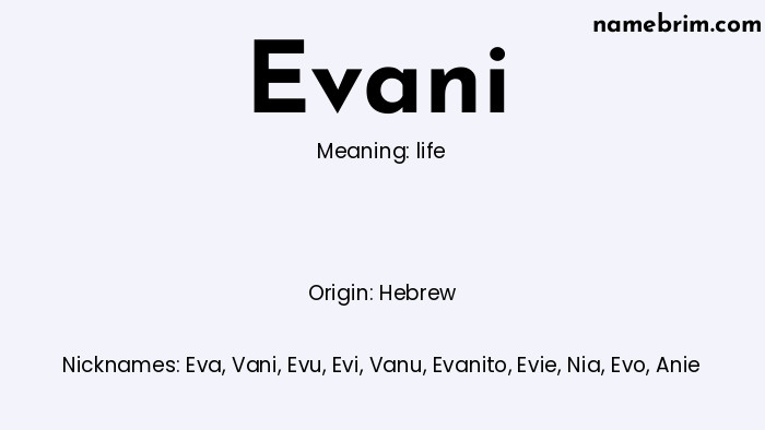 Infographic of Evani name meaning, which is a name of Hebrew origin, Evani means life, and Eva is a nickname for Evani.