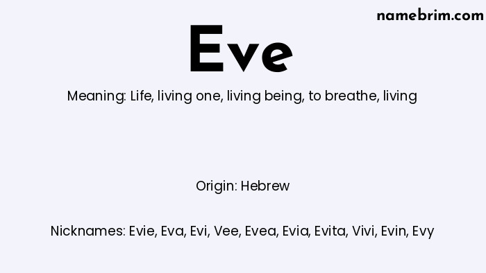 Infographic of Eve name meaning, which is a name of Hebrew origin, Eve means life, and Evie is a nickname for Eve.