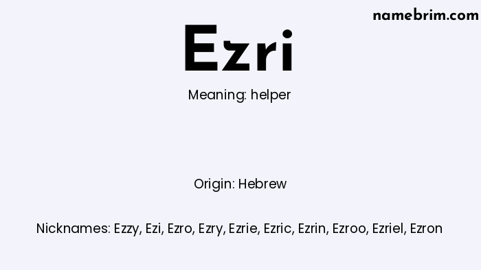 Infographic of Ezri name meaning, which is a name of Hebrew origin, Ezri means helper, and Ezzy is a nickname for Ezri.