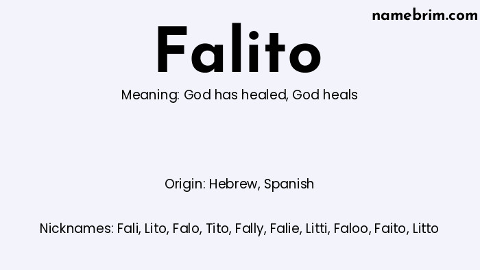 Infographic of Falito name meaning, which is a name of Hebrew origin, Falito means God heals, and Fali is a nickname for Falito.