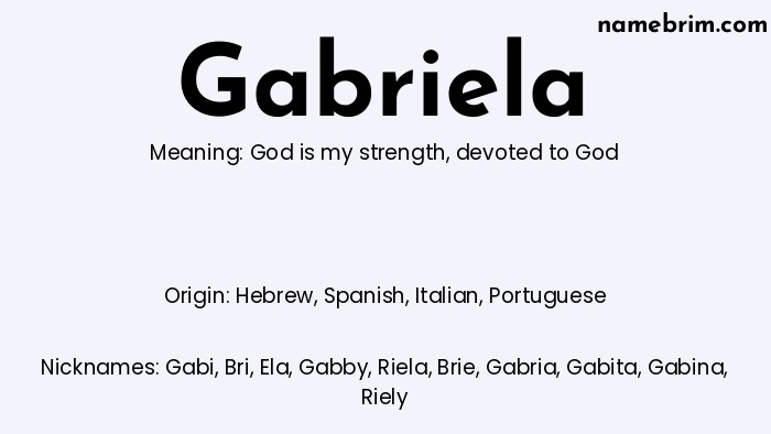 Infographic of Gabriela name meaning, which is a name of Hebrew origin, Gabriela means God is my strength, and Gabi is a nickname for Gabriela.