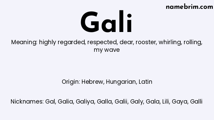 Gali, a name of Hebrew origin, means 'my wave.' A common nickname for Gali is Gal.