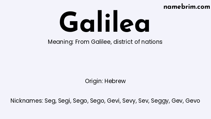Galilea, a name of Hebrew origin, means 'from Galilee.' A common nickname for Galilea is Seg.