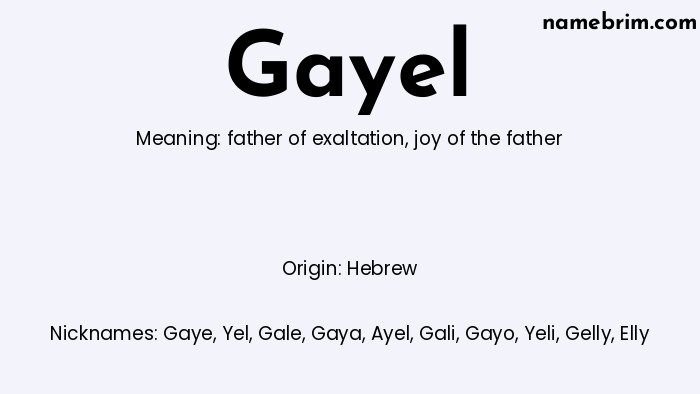 Infographic of Gayel name meaning, which is a name of Hebrew origin, Gayel means joy of the father, and Gaye is a nickname for Gayel.