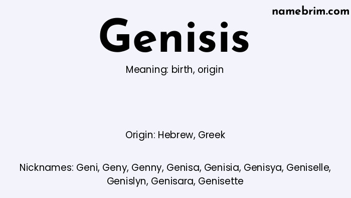 Infographic of Genisis name meaning, which is a name of Hebrew origin, Genisis means origin, and Geni is a nickname for Genisis.