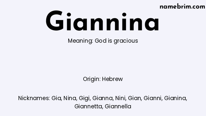 Infographic of Giannina name meaning, which is a name of Hebrew origin, Giannina means God is gracious, and Gia is a nickname for Giannina.