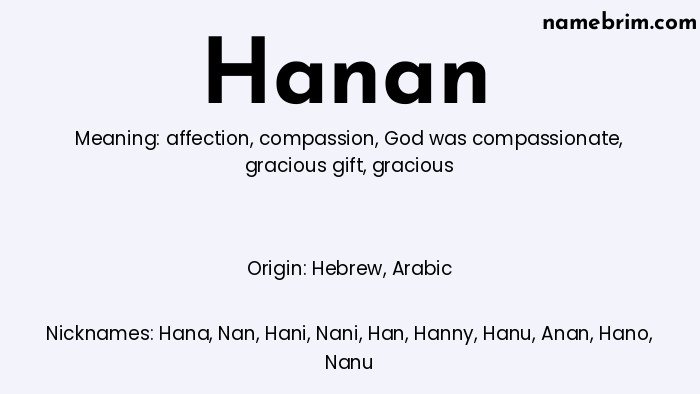 Infographic of Hanan name meaning, which is a name of Hebrew origin, Hanan means gracious, and Hana is a nickname for Hanan.