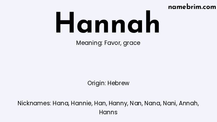 Infographic of Hannah name meaning, which is a name of Hebrew origin, Hannah means favor, and Hana is a nickname for Hannah.