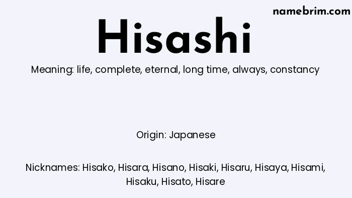 Hisashi, a name of Japanese origin, means 'constancy.' A common nickname for Hisashi is Hisako.
