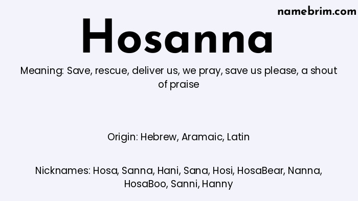 Infographic of Hosanna name meaning, which is a name of Hebrew origin, Hosanna means save, and Hosa is a nickname for Hosanna.