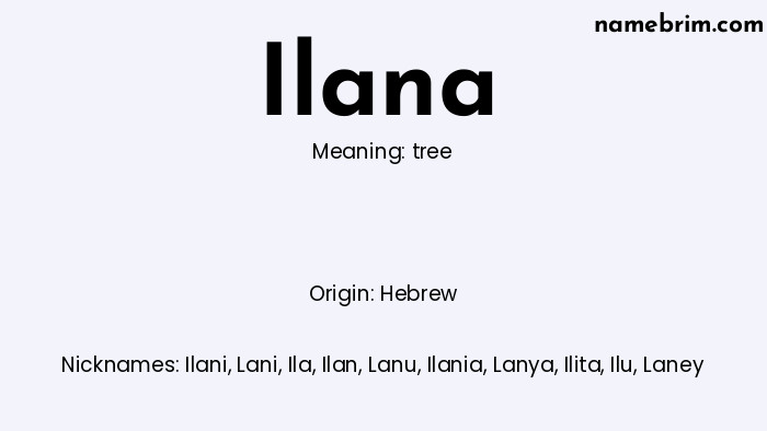 Infographic of Ilana name meaning, which is a name of Hebrew origin, Ilana means tree, and Ilani is a nickname for Ilana.