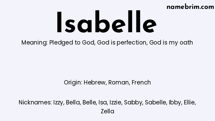 Infographic of Isabelle name meaning, which is a name of Hebrew origin, Isabelle means pledged to God, and Izzy is a nickname for Isabelle.