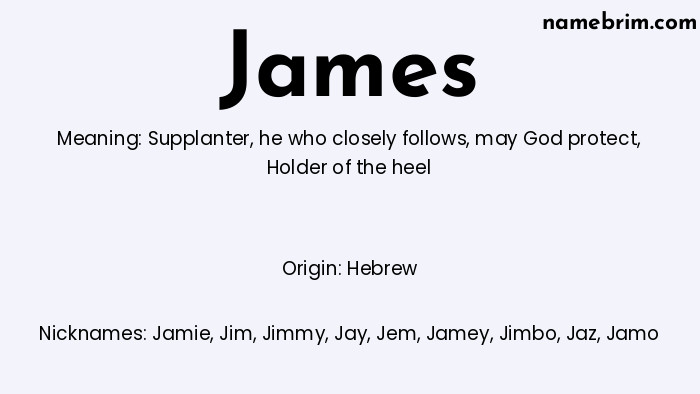 Infographic of James name meaning, which is a name of Hebrew origin, James means supplanter, and Jamie is a nickname for James.