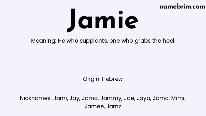 Infographic of Jamie name meaning, which is a name of Hebrew origin, Jamie means he who supplants, and Jami is a nickname for Jamie.