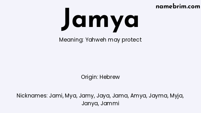 Infographic of Jamya name meaning, which is a name of Hebrew origin, Jamya means Yahweh may protect, and Jami is a nickname for Jamya.