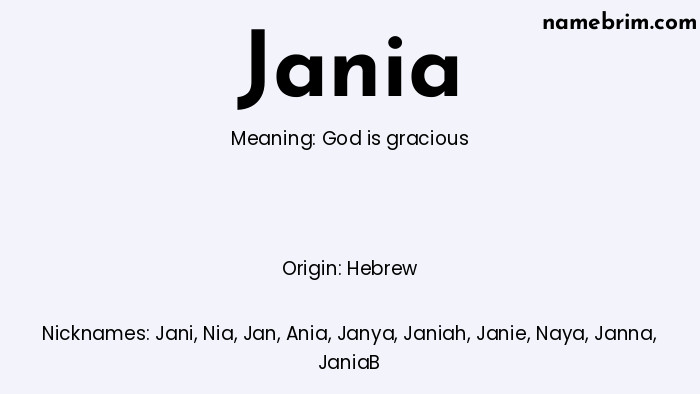 Infographic of Jania name meaning, which is a name of Hebrew origin, Jania means God is gracious, and Jani is a nickname for Jania.