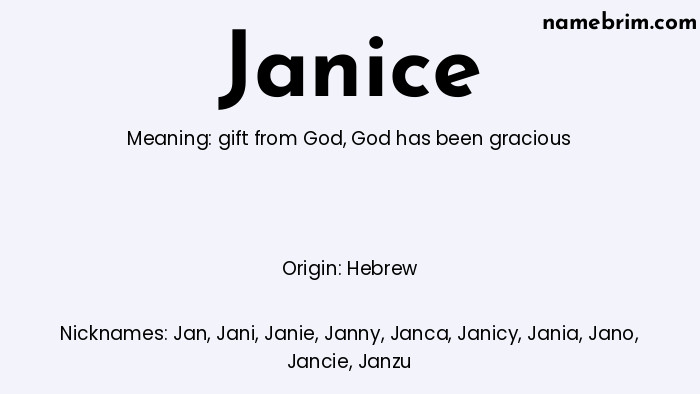 Infographic of Janice name meaning, which is a name of Hebrew origin, Janice means God has been gracious, and Jan is a nickname for Janice.