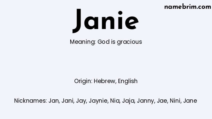 Infographic of Janie name meaning, which is a name of Hebrew origin, Janie means God is gracious, and Jan is a nickname for Janie.