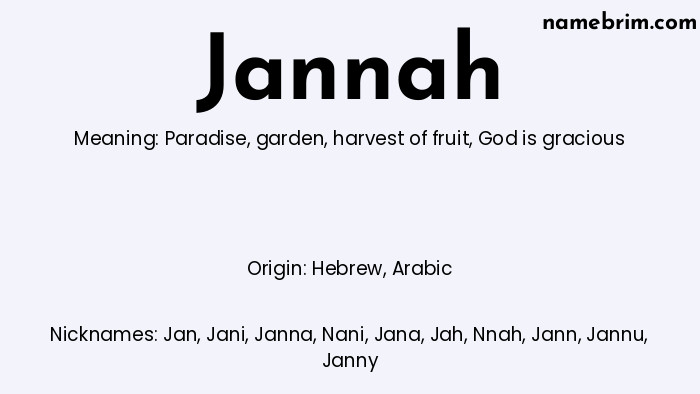 Infographic of Jannah name meaning, which is a name of Hebrew origin, Jannah means paradise, and Jan is a nickname for Jannah.