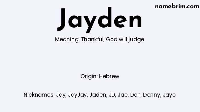 Infographic of Jayden name meaning, which is a name of Hebrew origin, Jayden means Thankful, and Jay is a nickname for Jayden.