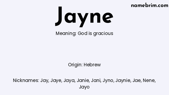 Infographic of Jayne name meaning, which is a name of Hebrew origin, Jayne means God is gracious, and Jay is a nickname for Jayne.