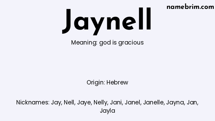 Jaynell, a name of Hebrew origin, means 'god is gracious.' A common nickname for Jaynell is Jay.