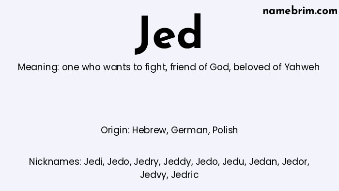 Infographic of Jed name meaning, which is a name of Hebrew origin, Jed means beloved of Yahweh, and Jedi is a nickname for Jed.