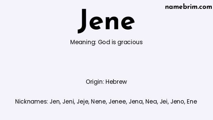 Jene, a name of Hebrew origin, means 'God is gracious.' A common nickname for Jene is Jen.