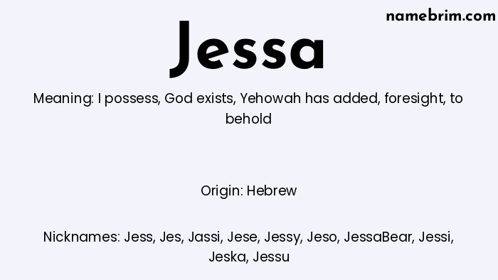 Infographic of Jessa name meaning, which is a name of Hebrew origin, Jessa means to behold, and Jess is a nickname for Jessa.