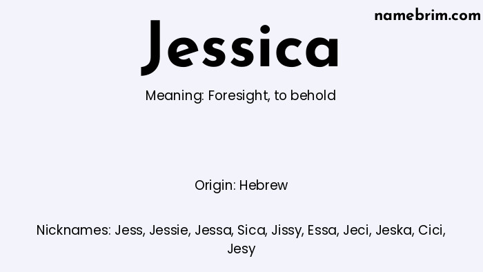 Infographic of Jessica name meaning, which is a name of Hebrew origin, Jessica means foresight, and Jess is a nickname for Jessica.