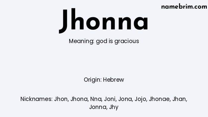 Jhonna, a name of Hebrew origin, means 'god is gracious.' A common nickname for Jhonna is Jhon.