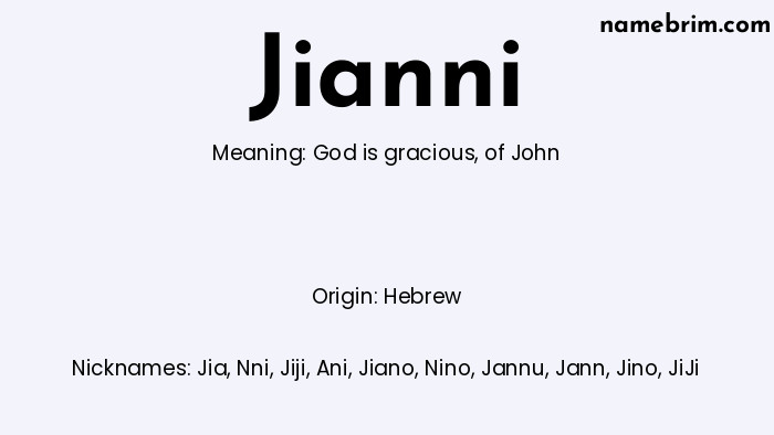 Infographic of Jianni name meaning, which is a name of Hebrew origin, Jianni means of John, and Jia is a nickname for Jianni.