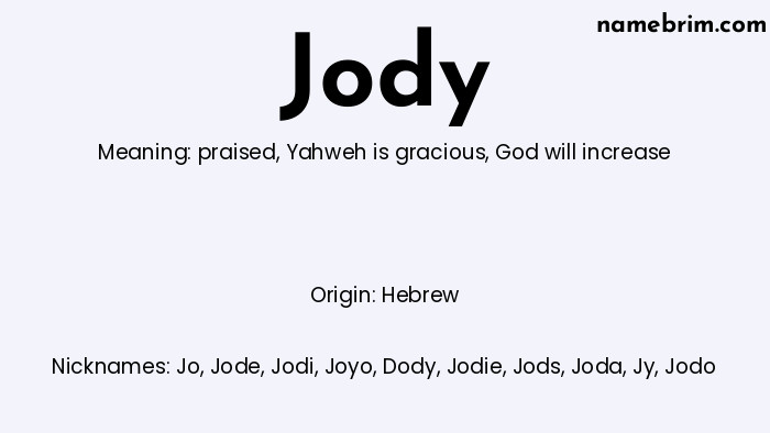 Infographic of Jody name meaning, which is a name of Hebrew origin, Jody means God will increase, and Jo is a nickname for Jody.