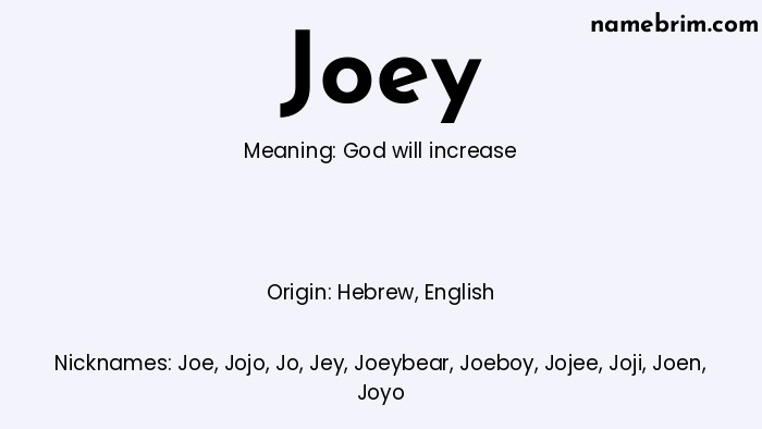 Infographic of Joey name meaning, which is a name of Hebrew origin, Joey means God will increase, and Joe is a nickname for Joey.